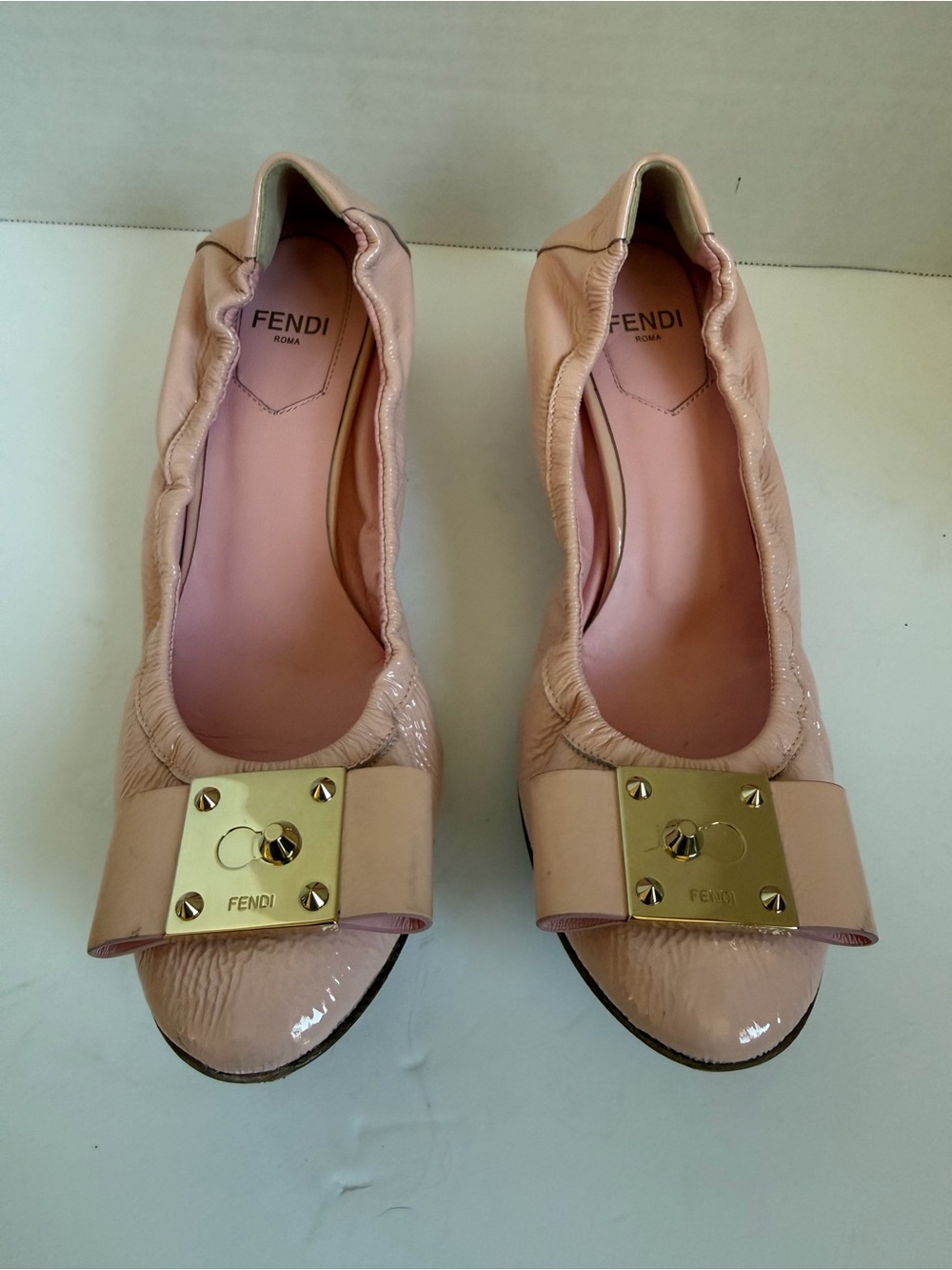 Fendi Pale Pink Patent Leather Bow-Front Ballet Flats with Gold Plaque